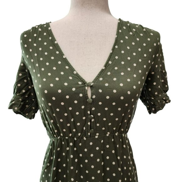 Zara Olive Green And Cream Polka Dot Short Puff Sleeve Midi Dress Size XS - Picture 2 of 15